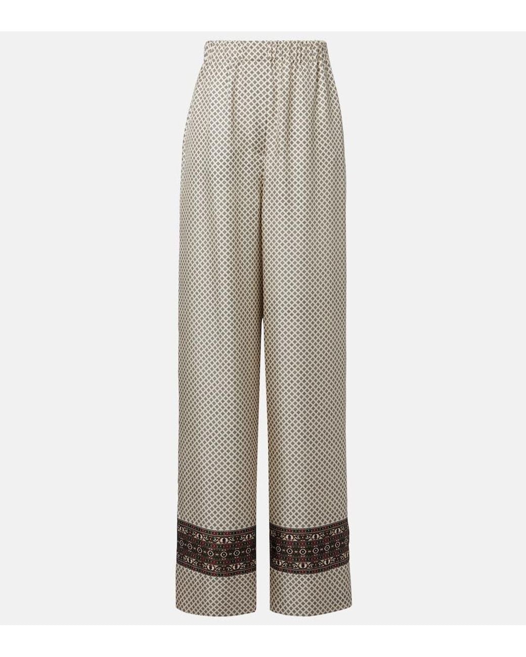 Loro Piana Gray Valerio Printed Silk Twill Wide-Leg Pants