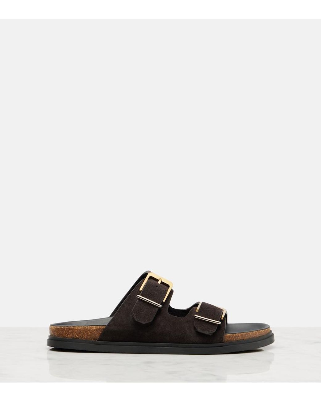 The Row Black Buckle Suede Slides