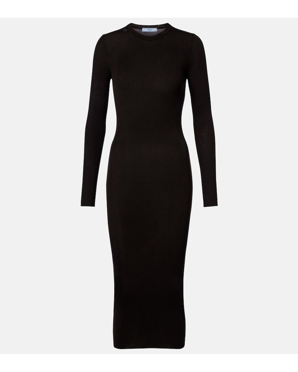 Prada Black Ribbed-Knit Virgin Wool Midi Dress