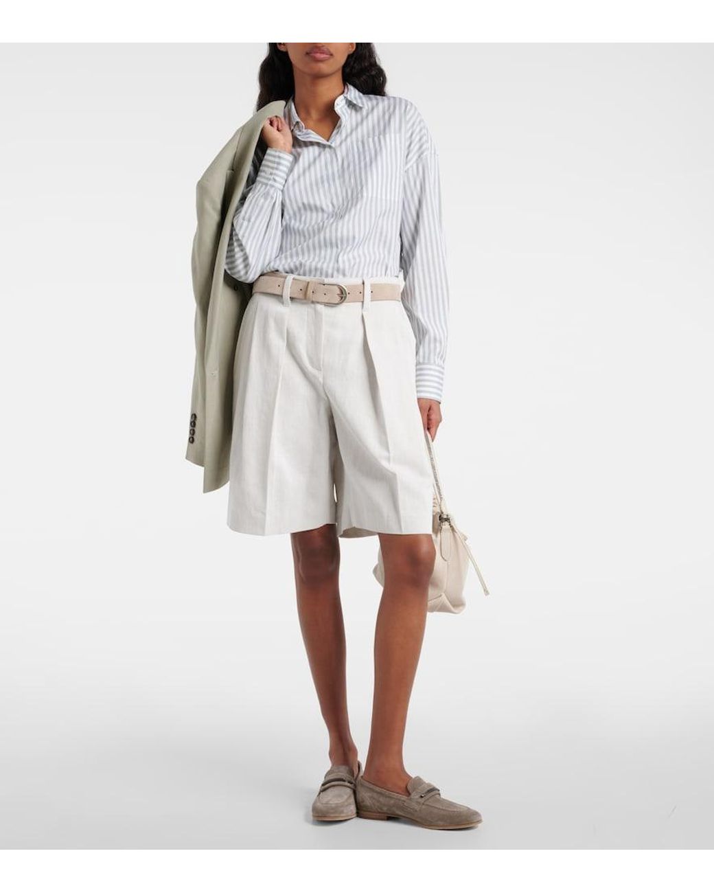 Brunello Cucinelli White Striped Cotton And Silk Poplin Shirt
