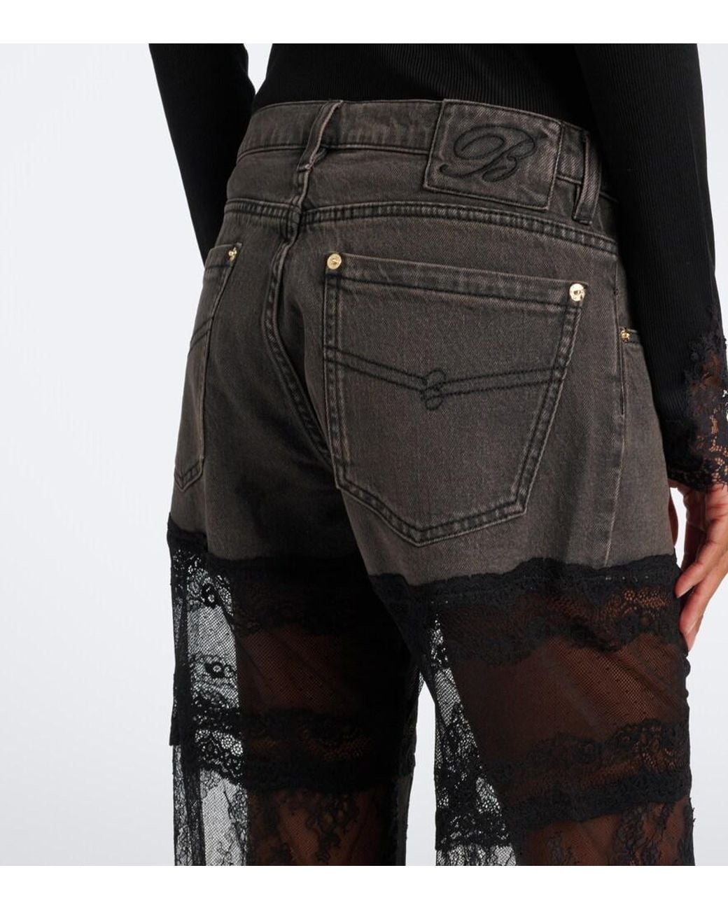 Blumarine Gray Lace-Trimmed Wide-Leg Jeans