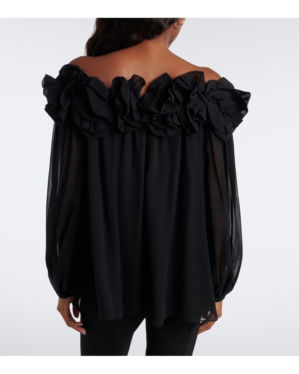 Carolina Herrera Black Floral-Applique Gathered Silk Top