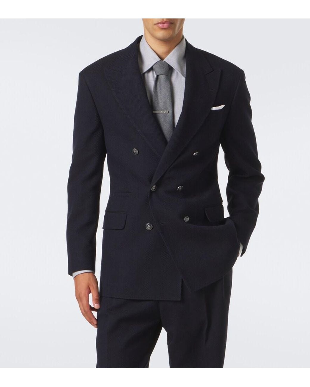 Brunello Cucinelli Blue Herringbone Wool And Cotton Blazer for men