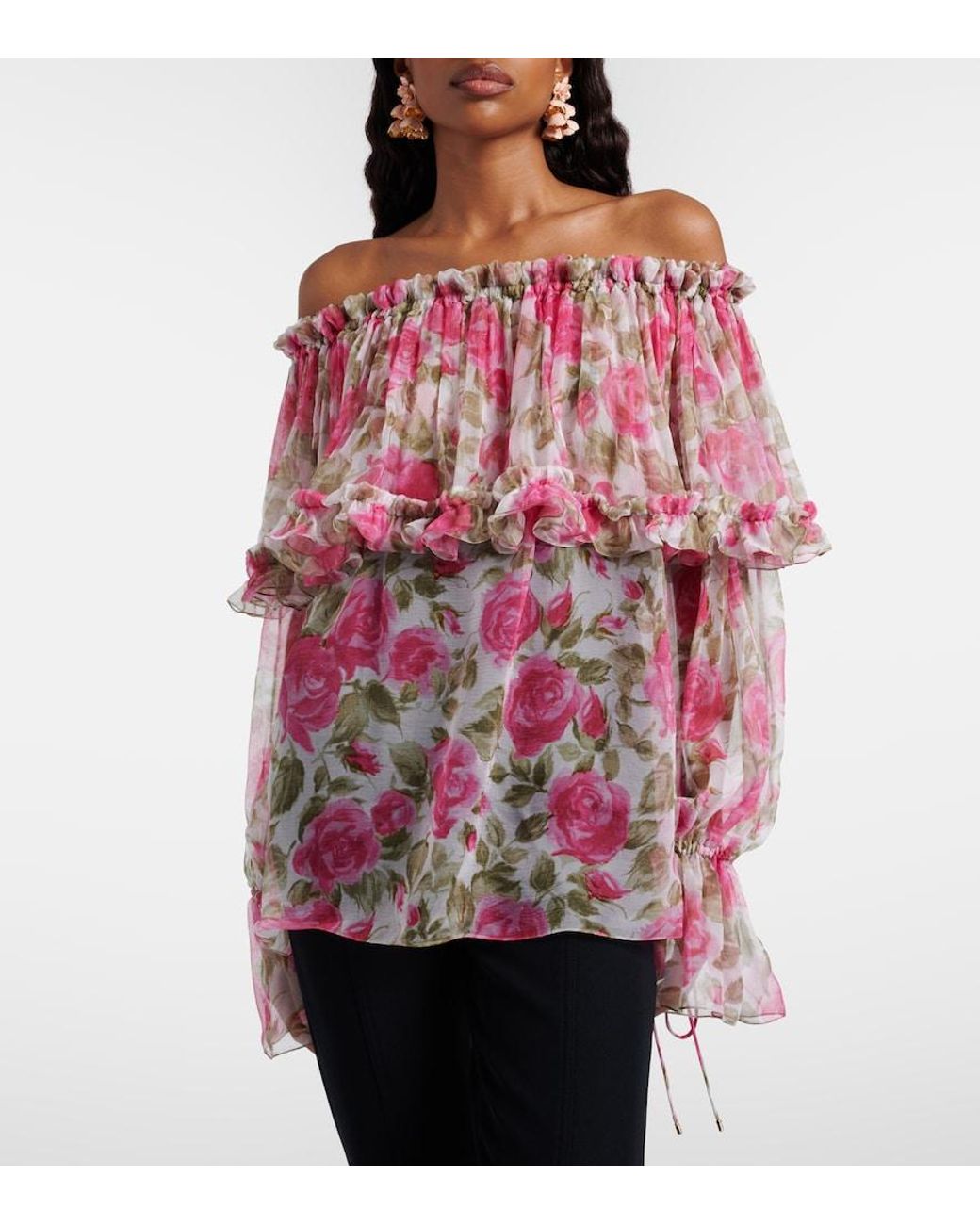 Chloé Pink Floral Off-Shoulder Silk Top