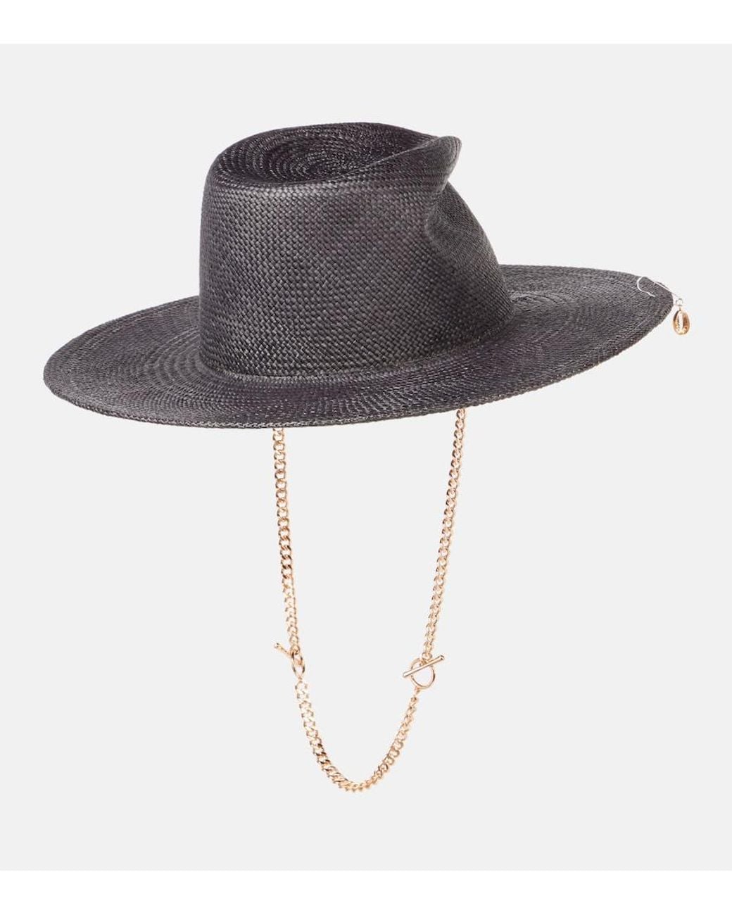 Ruslan Baginskiy Black Logo Chain-Detail Straw Fedora