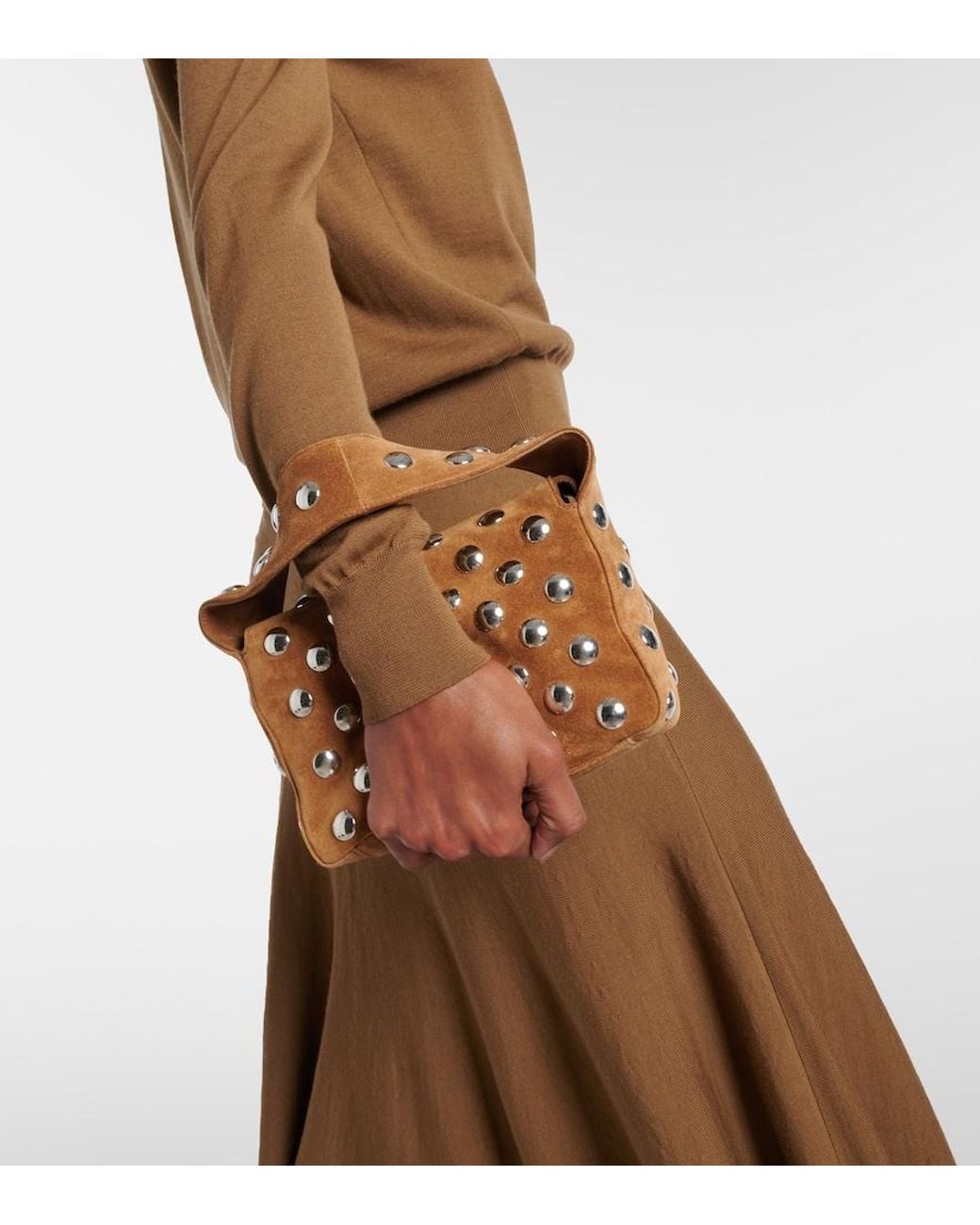 Khaite Brown Elena Small Studded Suede Shoulder Bag
