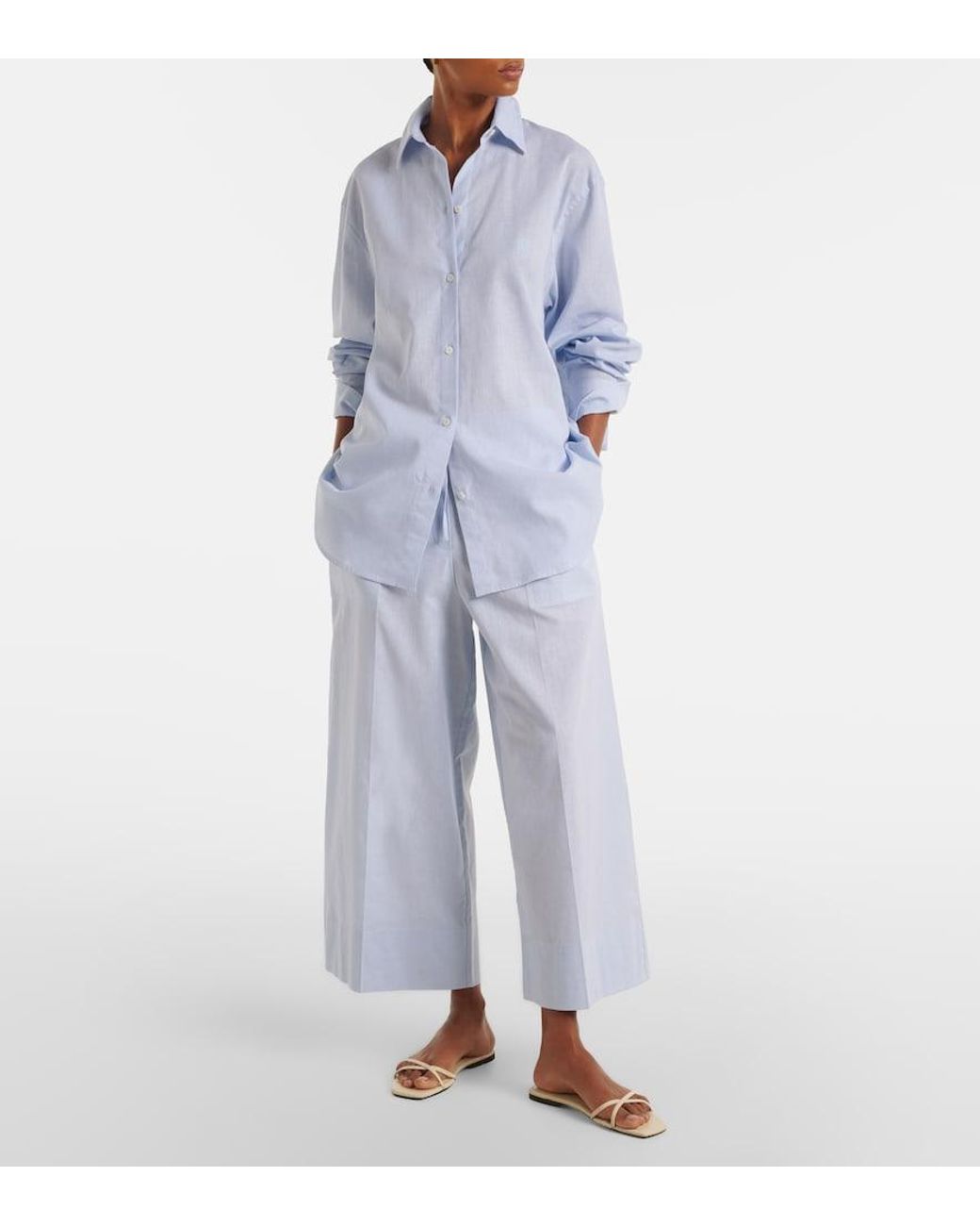 Totême Blue Cotton And Linen Wide-Leg Pants