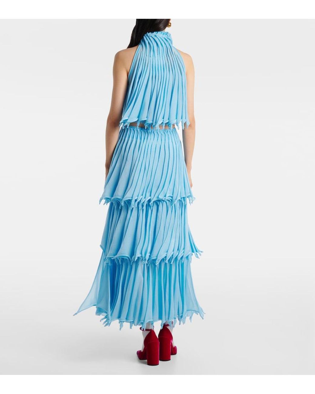 Alaïa Blue Cropped Pleated Knitted Turtleneck Top