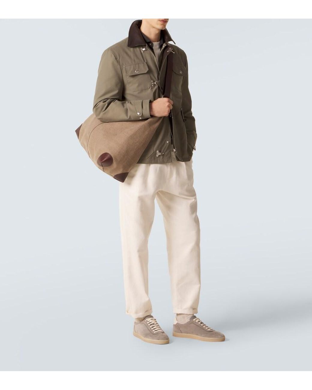 Brunello Cucinelli Brown Leather-Trimmed Canvas Shoulder Bag for men