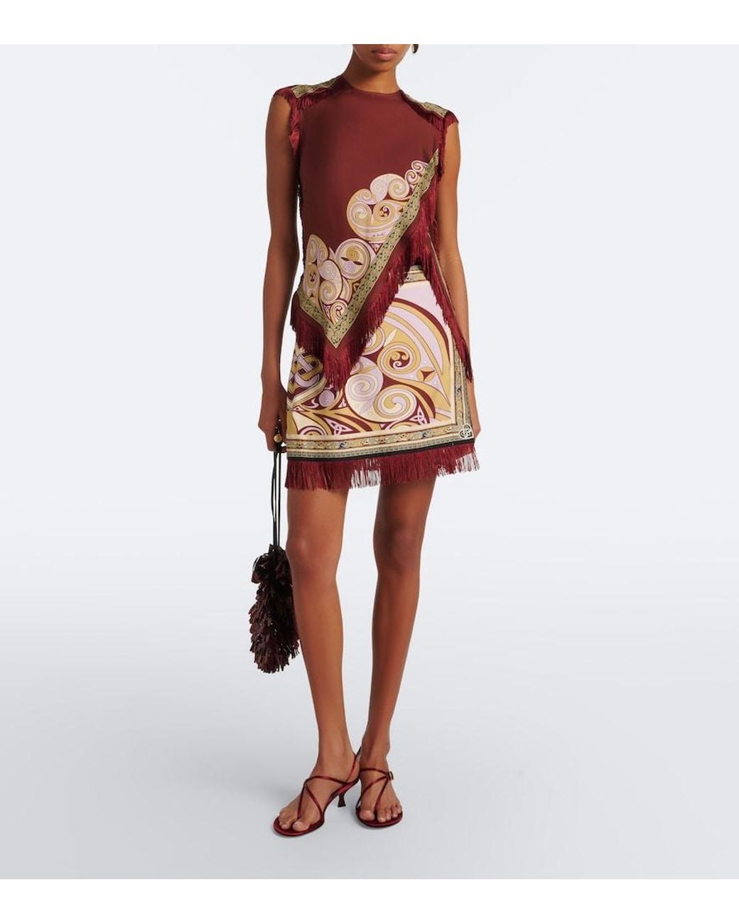 LaDoubleJ Red Fringed Printed Silk Twill Scarf Top
