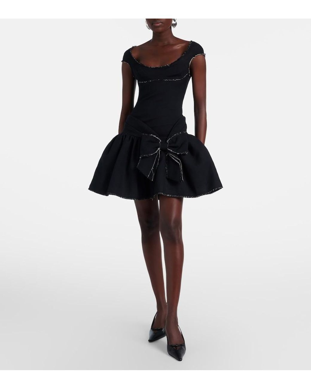 ShuShu/Tong Black Bow-Detail Distressed Tweed Minidress