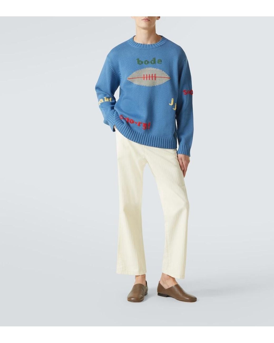Bode Blue Spirit Embroidered Cotton And Wool Sweater for men
