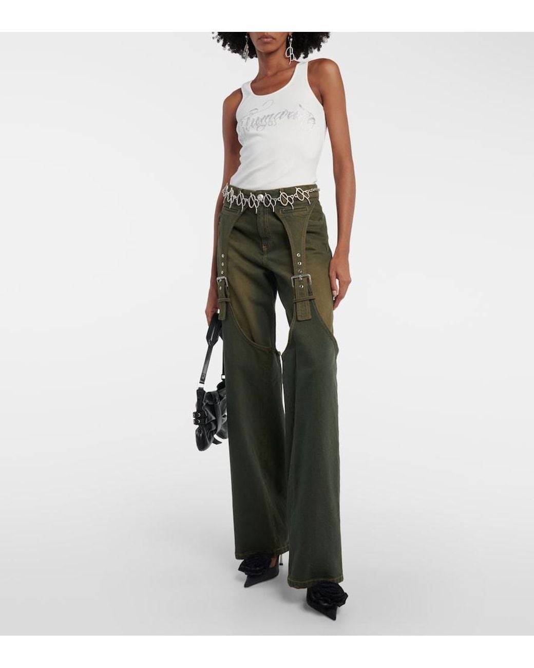 Blumarine Green Embellished Buckle Boyfriend Jeans