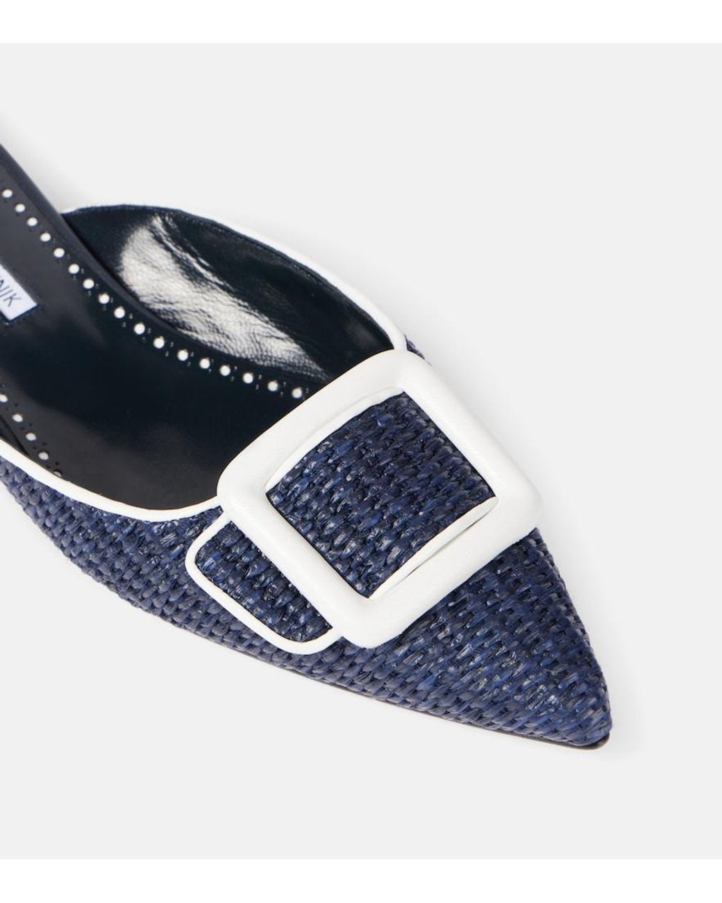 Manolo Blahnik Blue Maysale Leather-Trimmed Raffia Mules