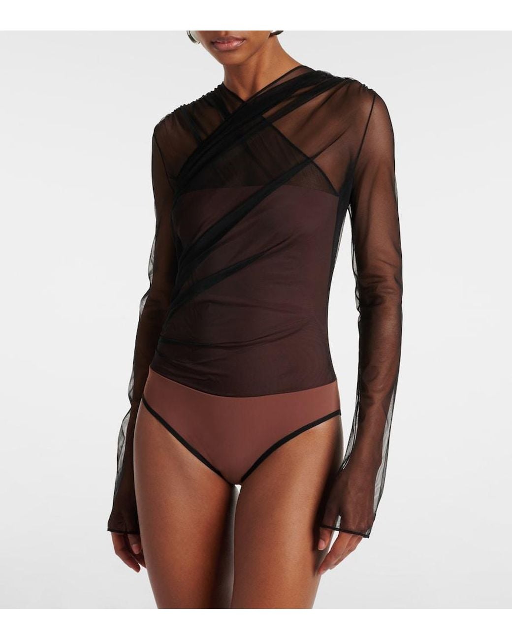 Nensi Dojaka Brown Renee Draped Tulle Bodysuit