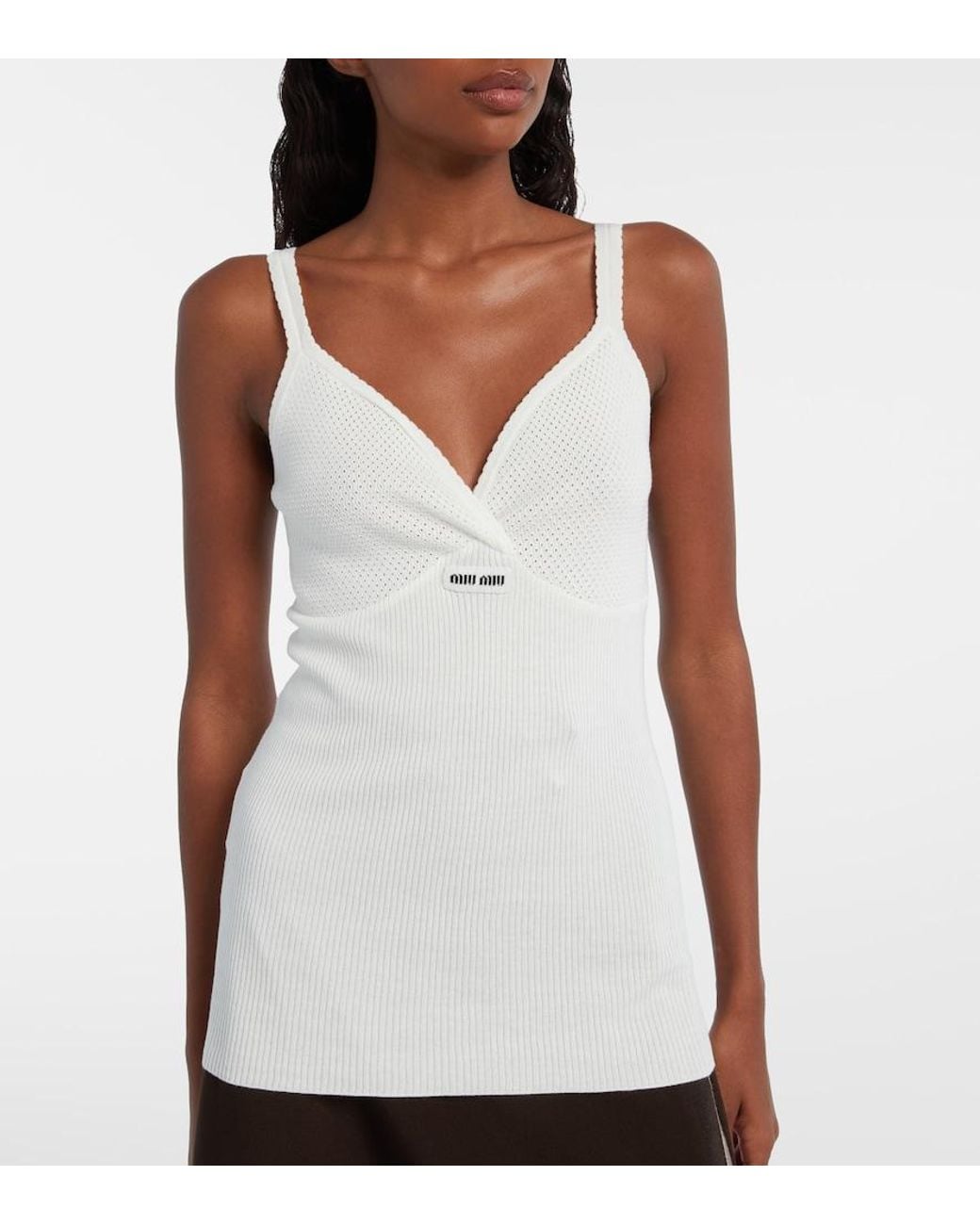 Miu Miu Cotton Knitted Logo Tank Top in White | Lyst