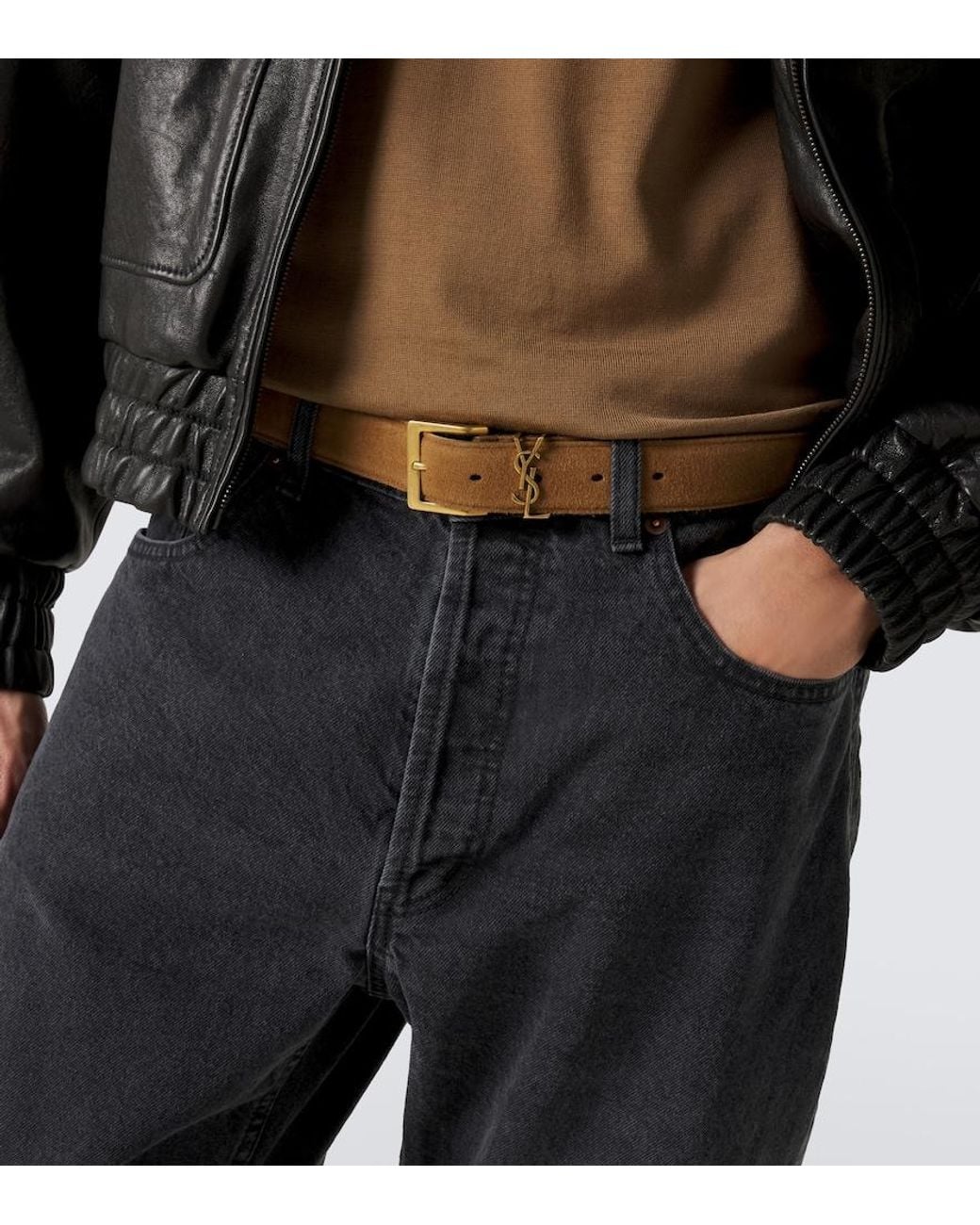 Saint Laurent Brown Cassandre Suede Belt for men