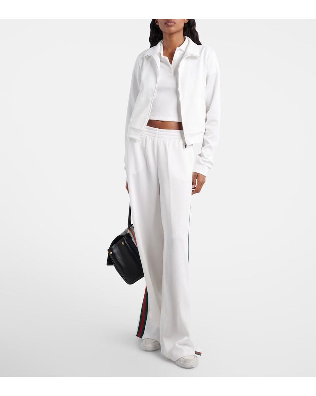 Gucci White Ribbed-Knit Cropped Sweatshirt