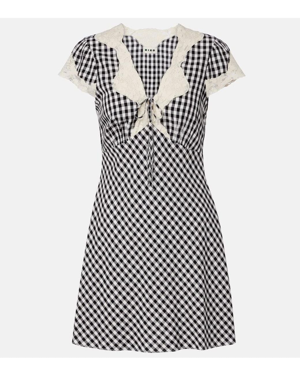 Rixo Black Lacie Lace-Trimmed Checked Crepe Minidress