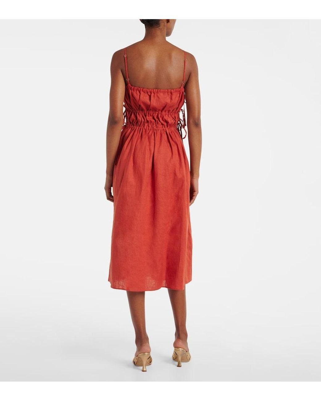 Asceno Red Eze Ruched Linen Midi Dress