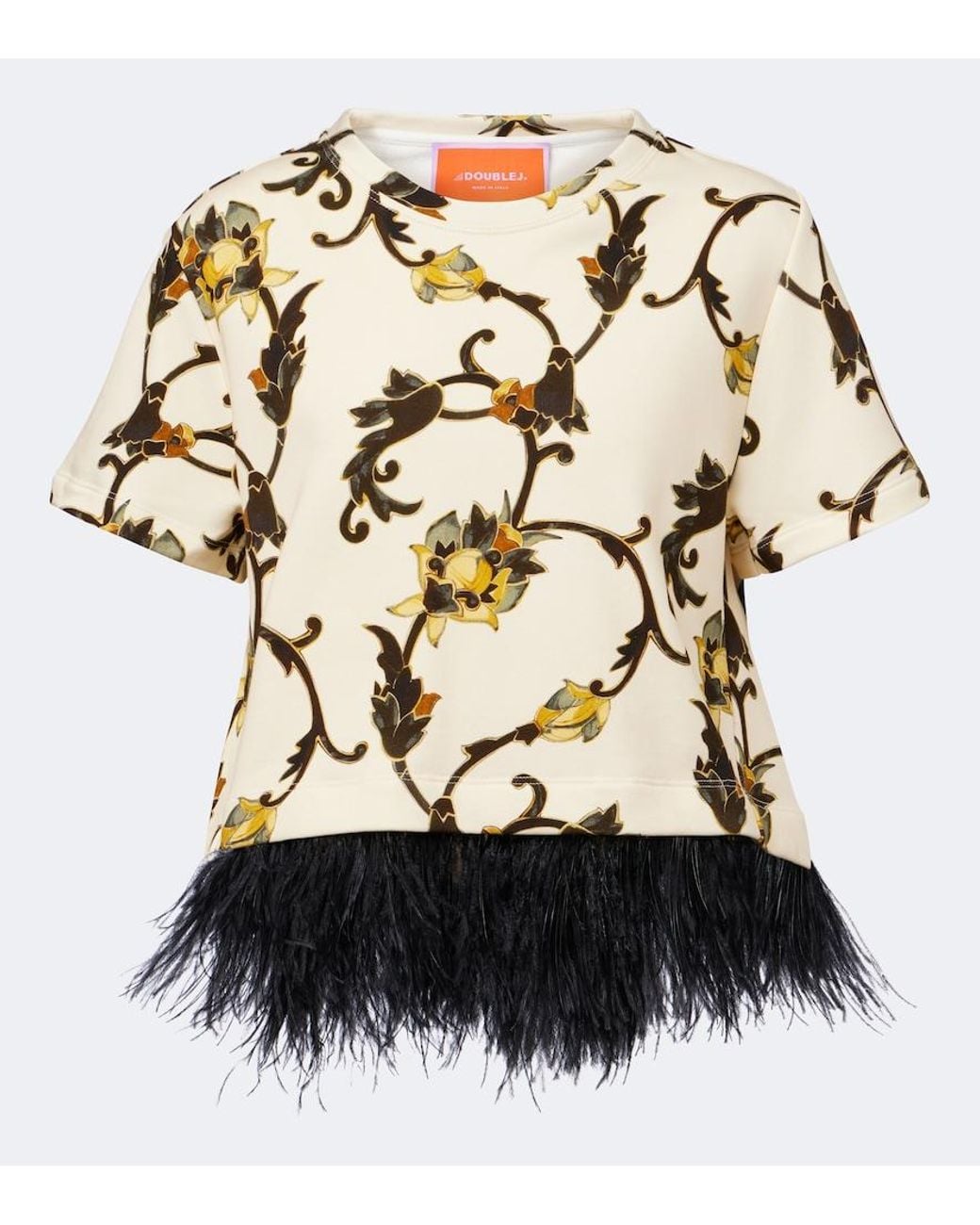 LaDoubleJ Black La Scala Fringed Printed Cotton T-Shirt