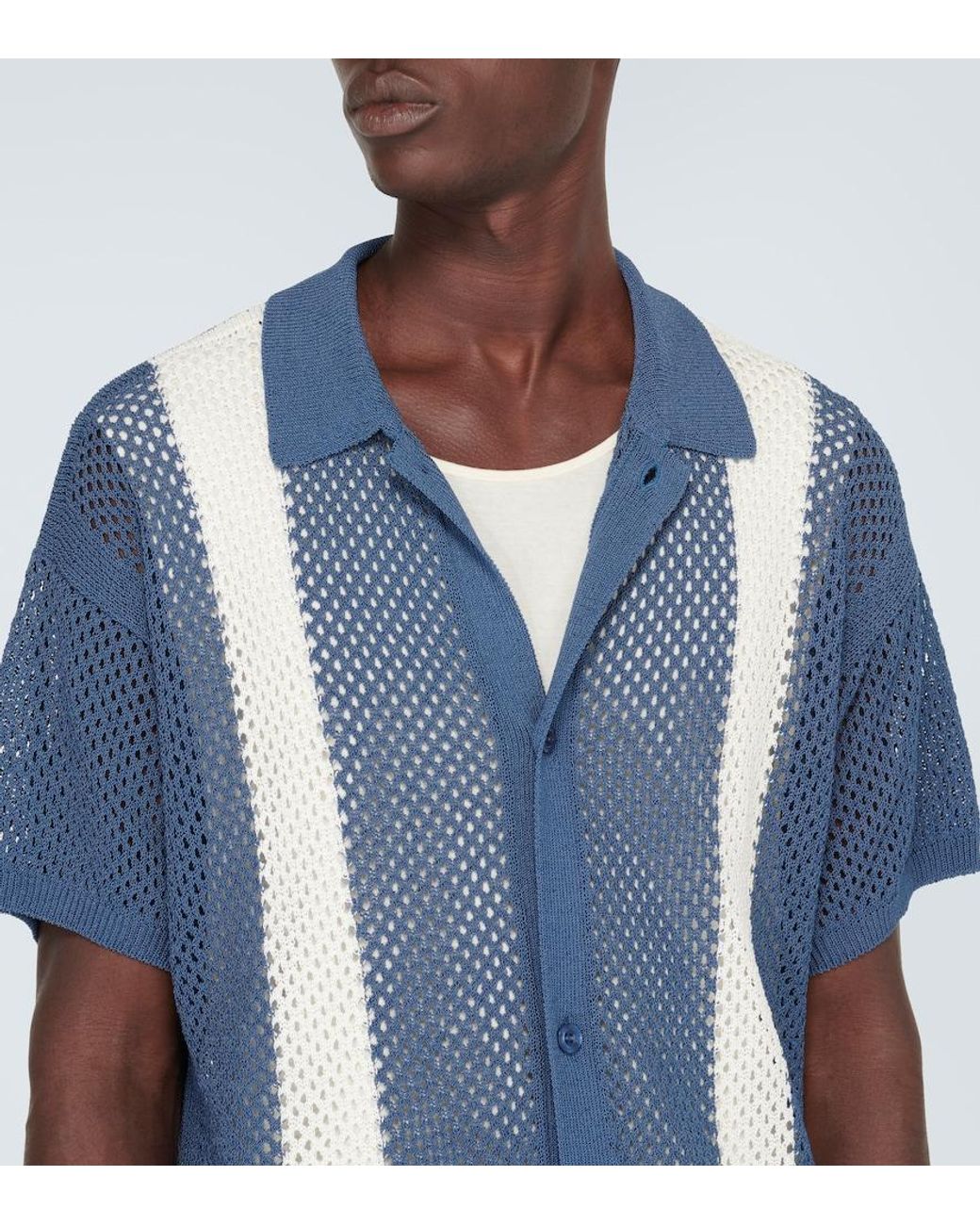Frescobol Carioca Blue Castillo Cotton-Blend Crochet Bowling Shirt for men