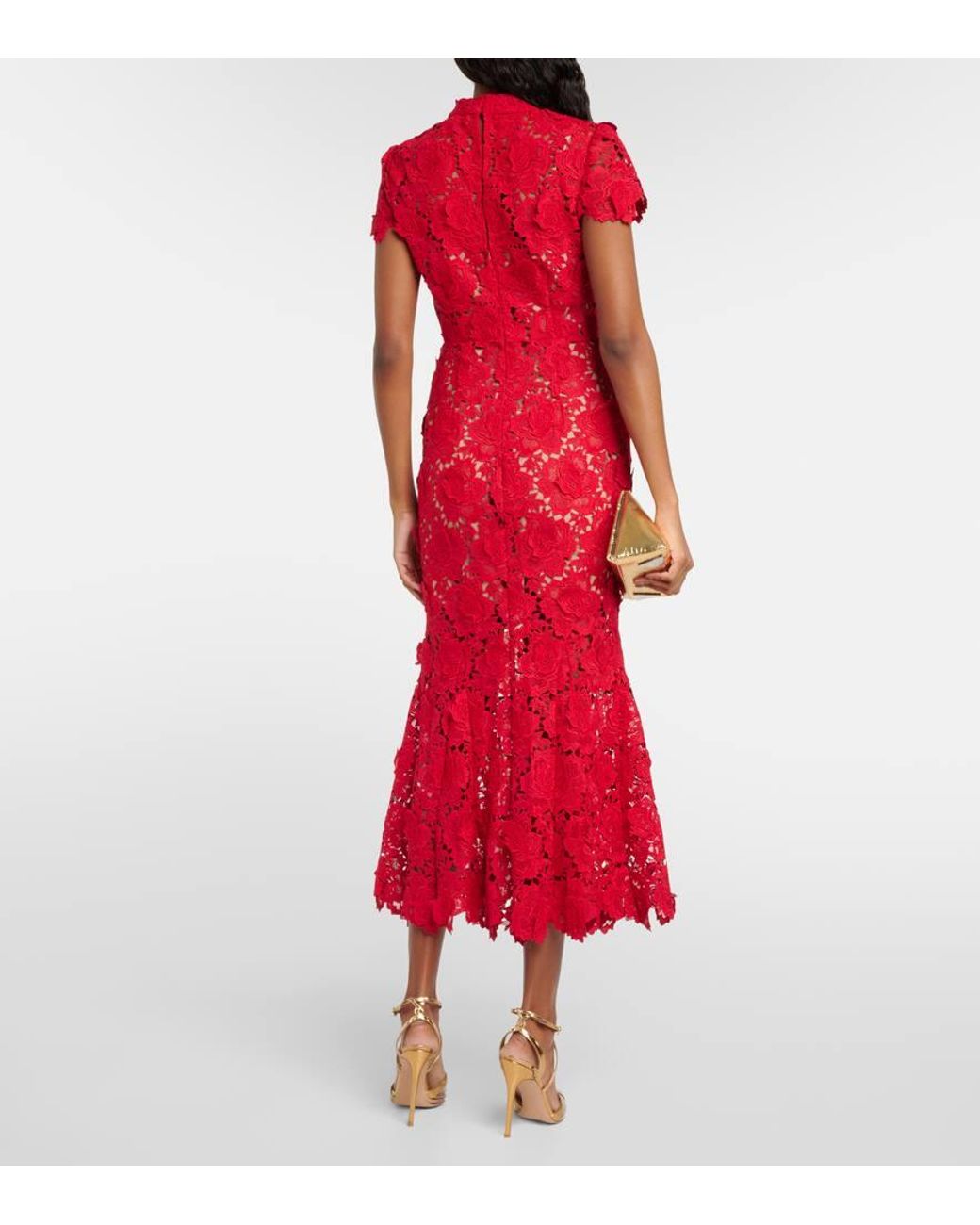 Self-Portrait Floral Lace Midi Dress in Red | Lyst Canada