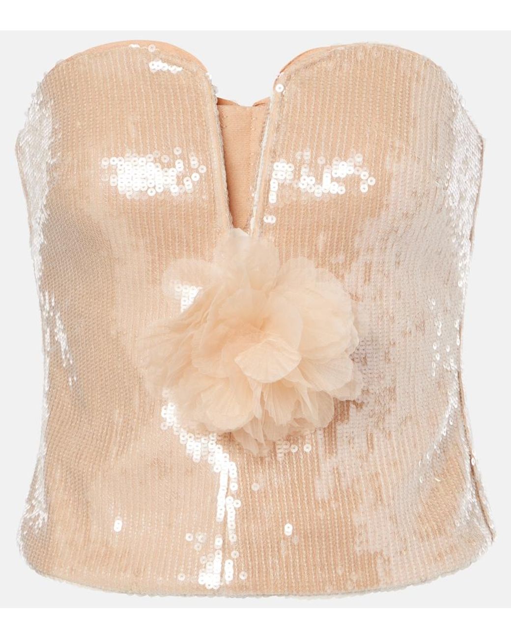 Self-Portrait Natural Floral-Applique Sequined Bustier Top