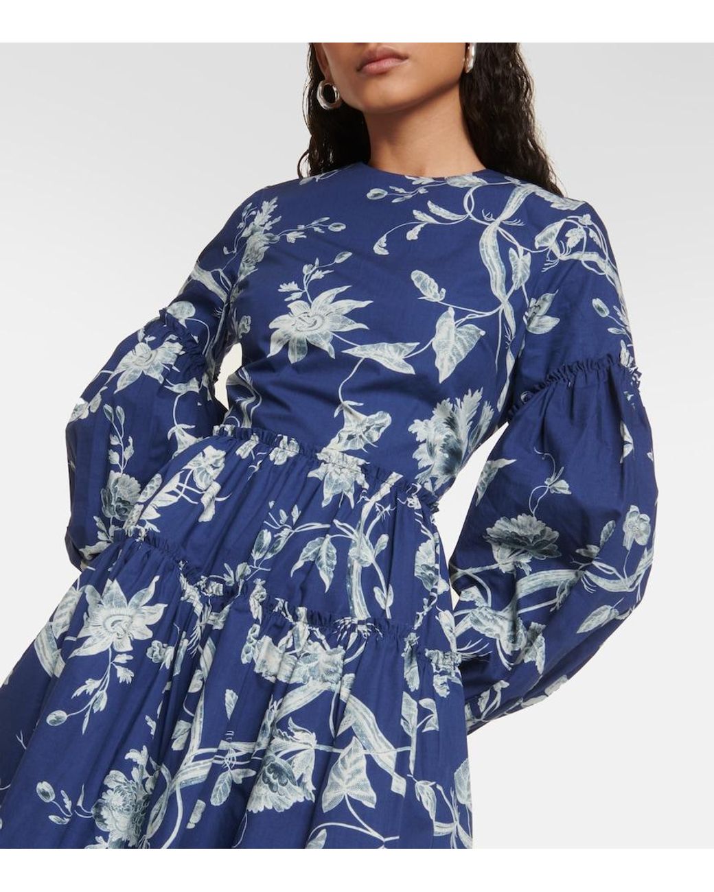 Erdem Blue Floral-print Tiered-hem Cotton-poplin Mini Dress