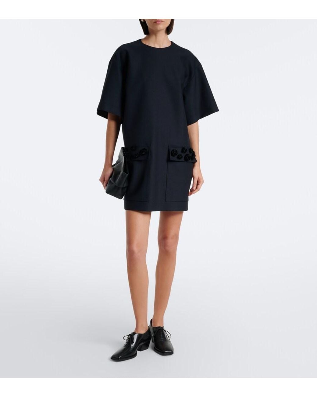 Plan C Black Embellished Wool-Blend Gabardine Minidress