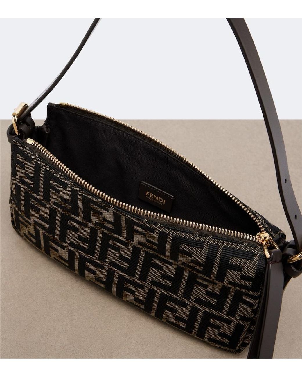 Fendi Black Zip Top Small Ff Jacquard Canvas Shoulder Bag