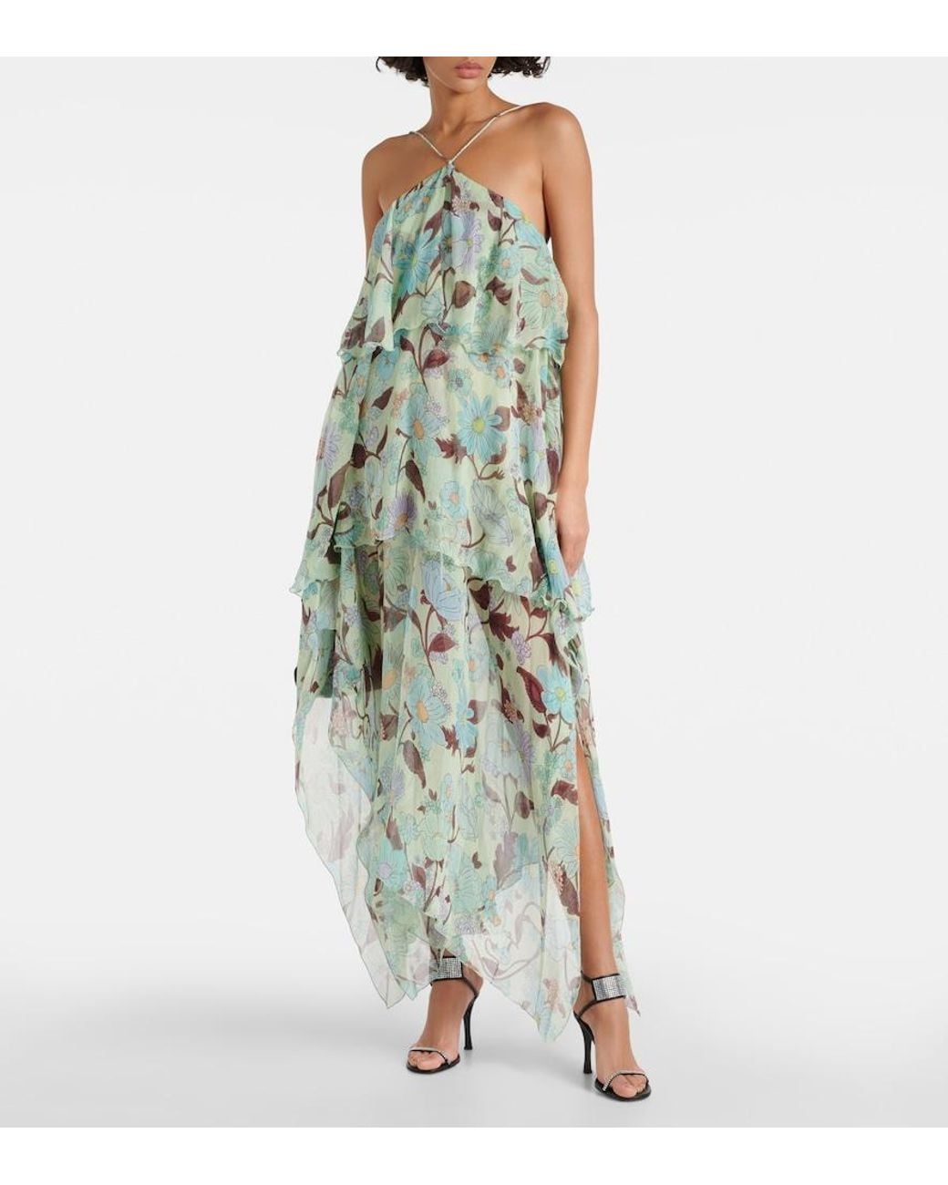 Stella McCartney Green Tiered Printed Silk Maxi Dress
