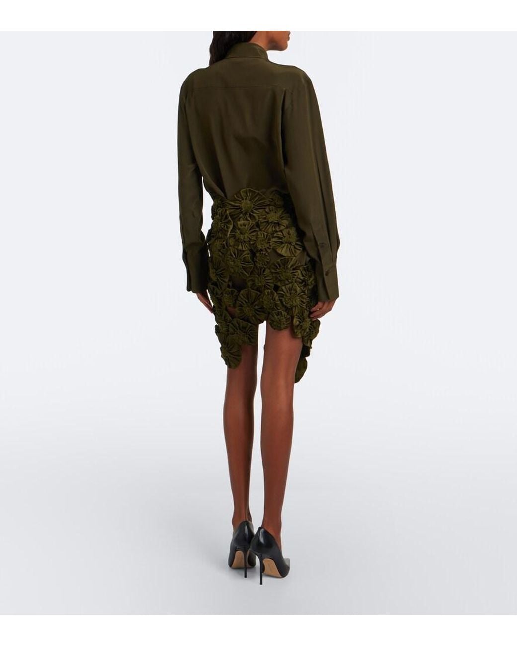 Victoria Beckham Green Floral-Applique Satin Midi Skirt