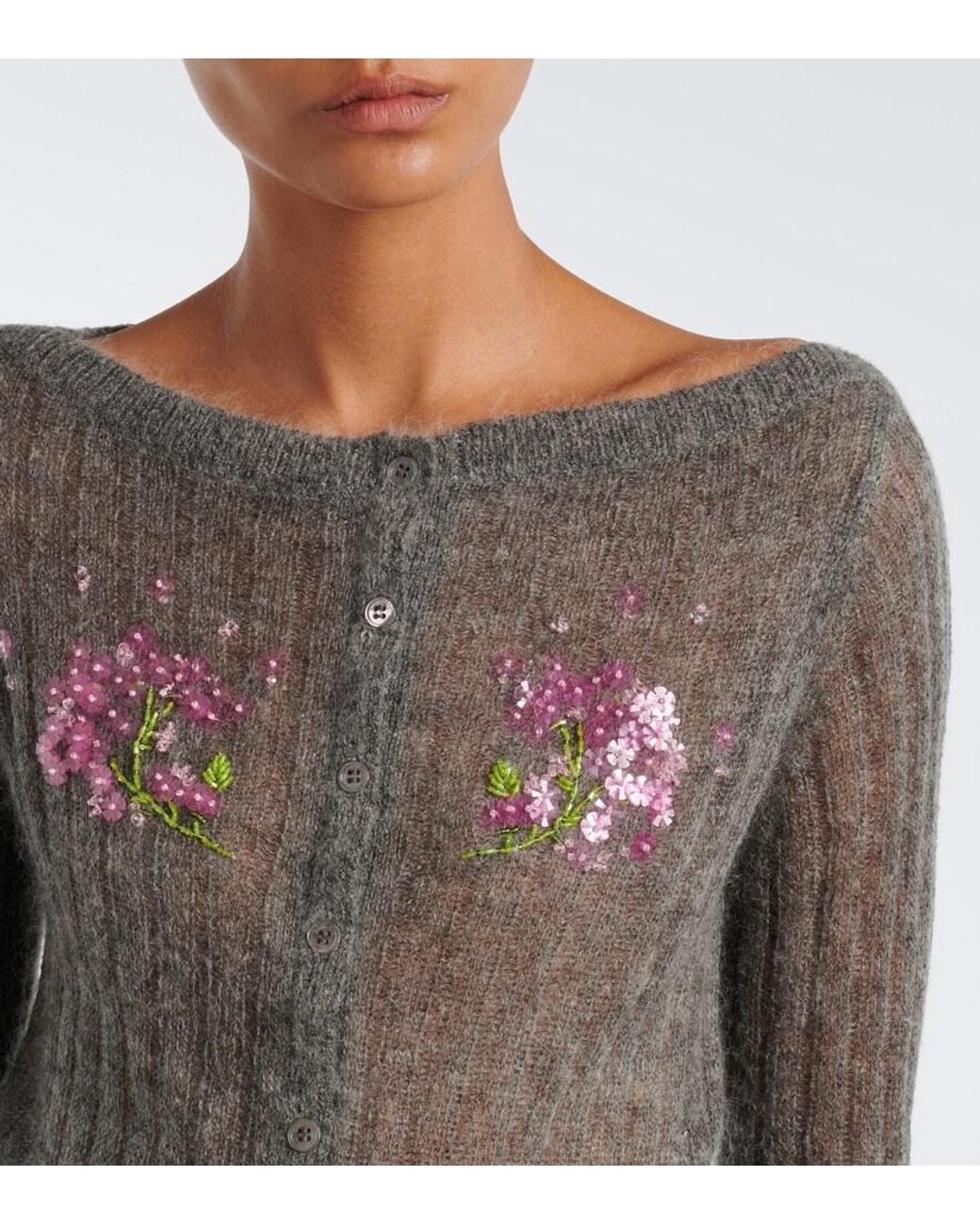 ShuShu/Tong Gray Embellished Wool And Mohair-Blend Cardigan
