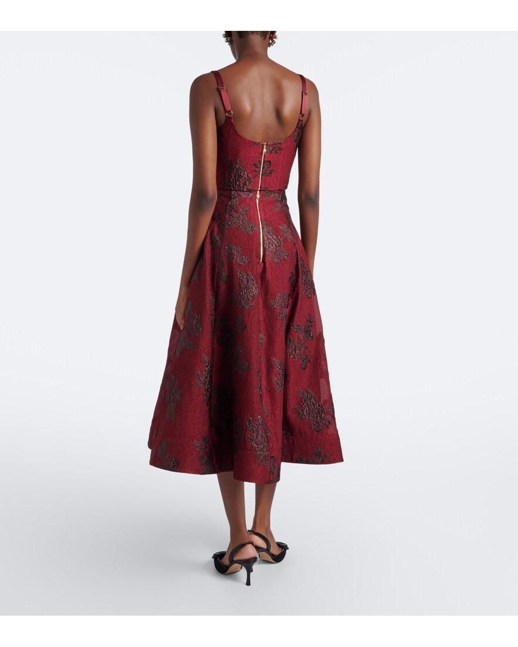 Rebecca Vallance Red Waverly Floral Cloque Midi Skirt
