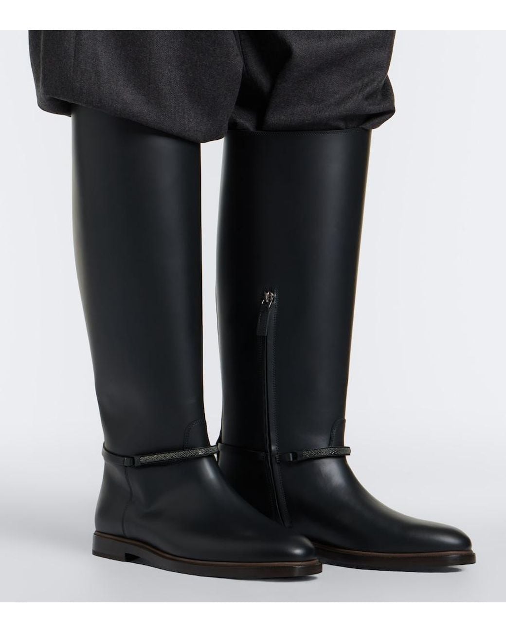 Brunello Cucinelli Black Monili Leather Knee-High Boots