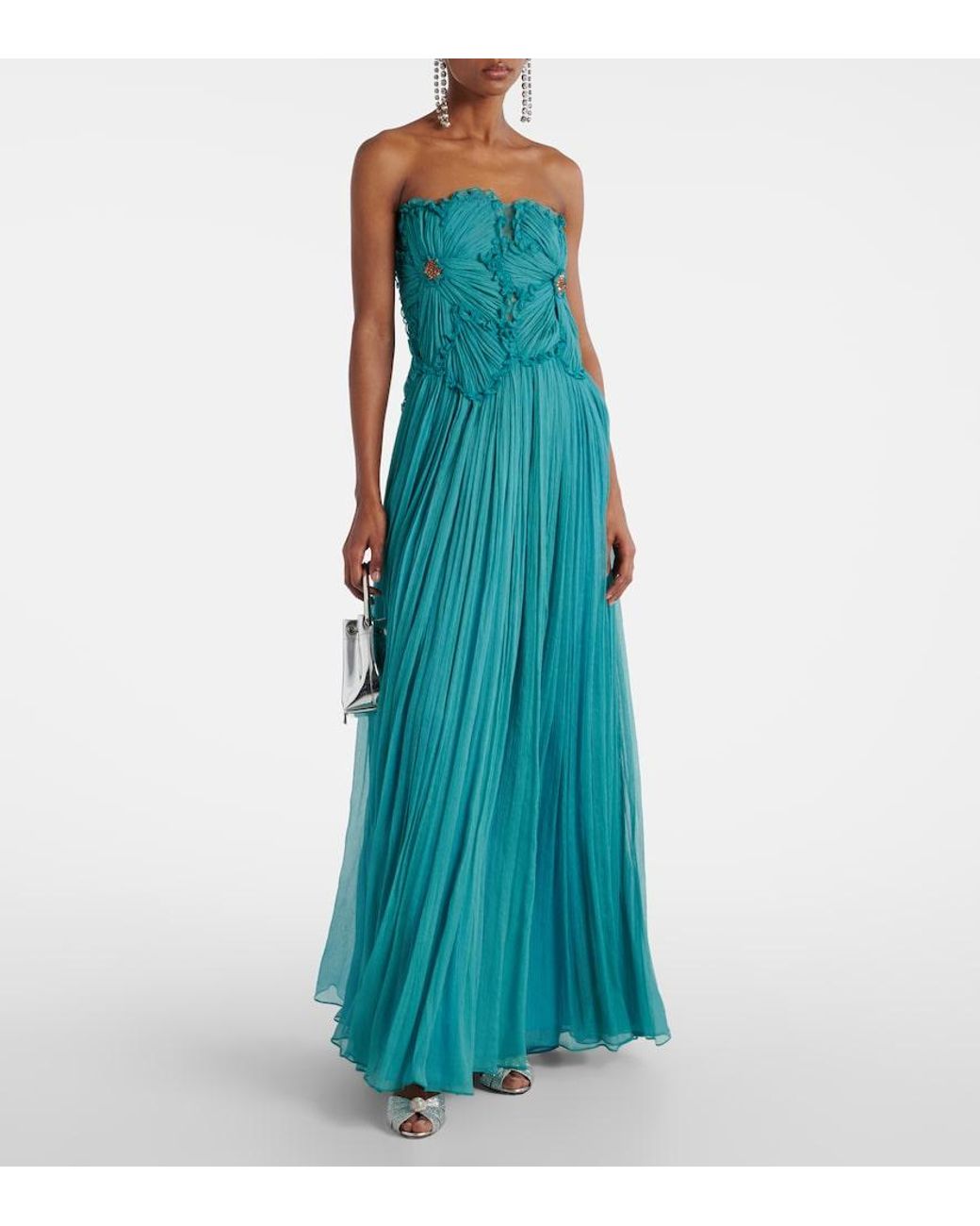 Costarellos Blue Adamaris Embellished Silk-Blend Chiffon Gown
