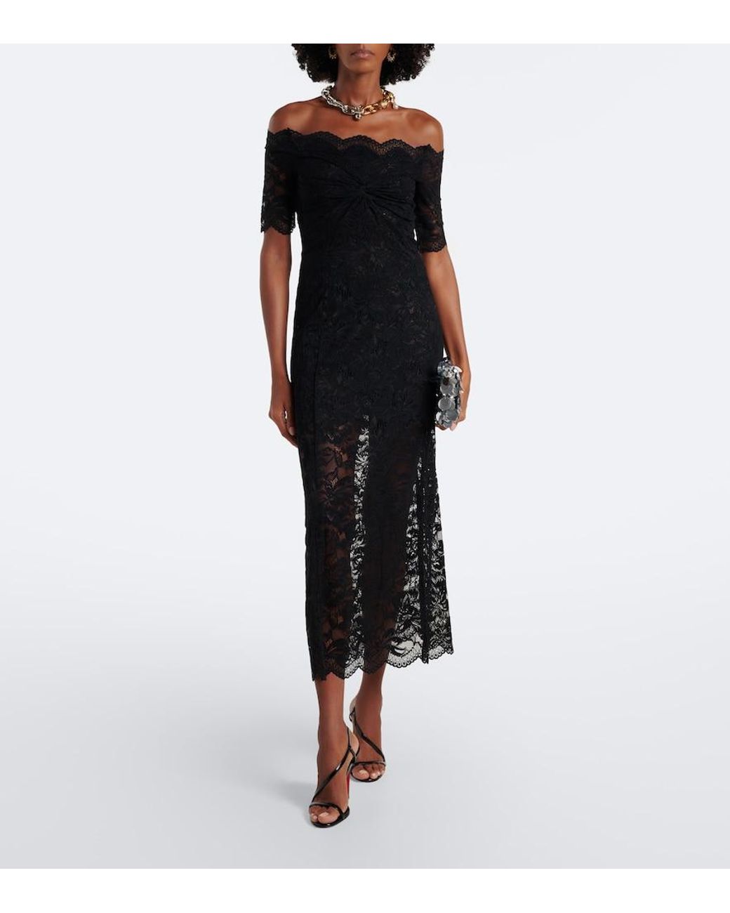 Rabanne Black Off-Shoulder Lace Midi Dress