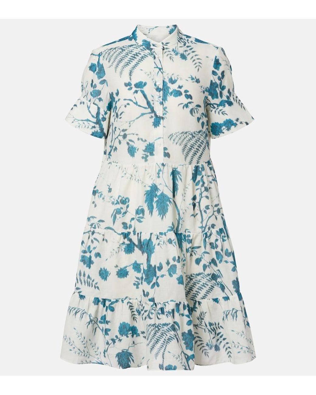 Erdem Blue Floral Tiered Cotton And Linen Minidress