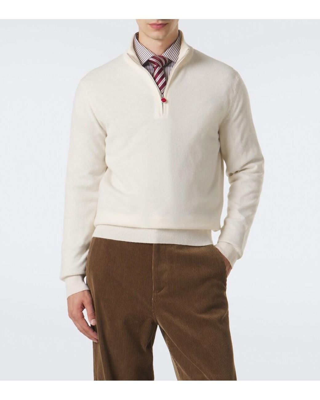 Kiton White Cashmere Half-Zip Sweater for men