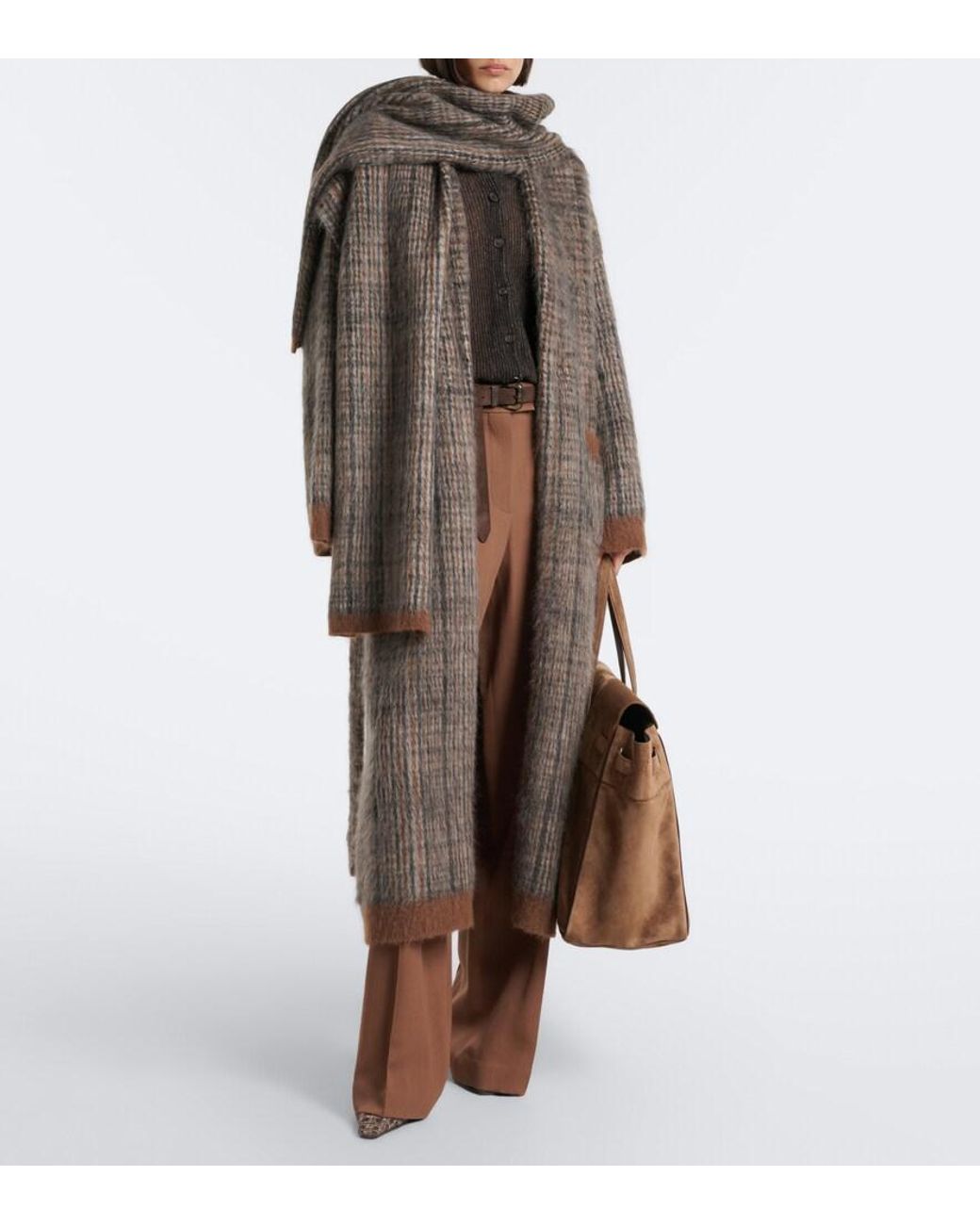 Brunello Cucinelli Brown Checked Scarf-Detail Mohair-Blend Wrap Coat
