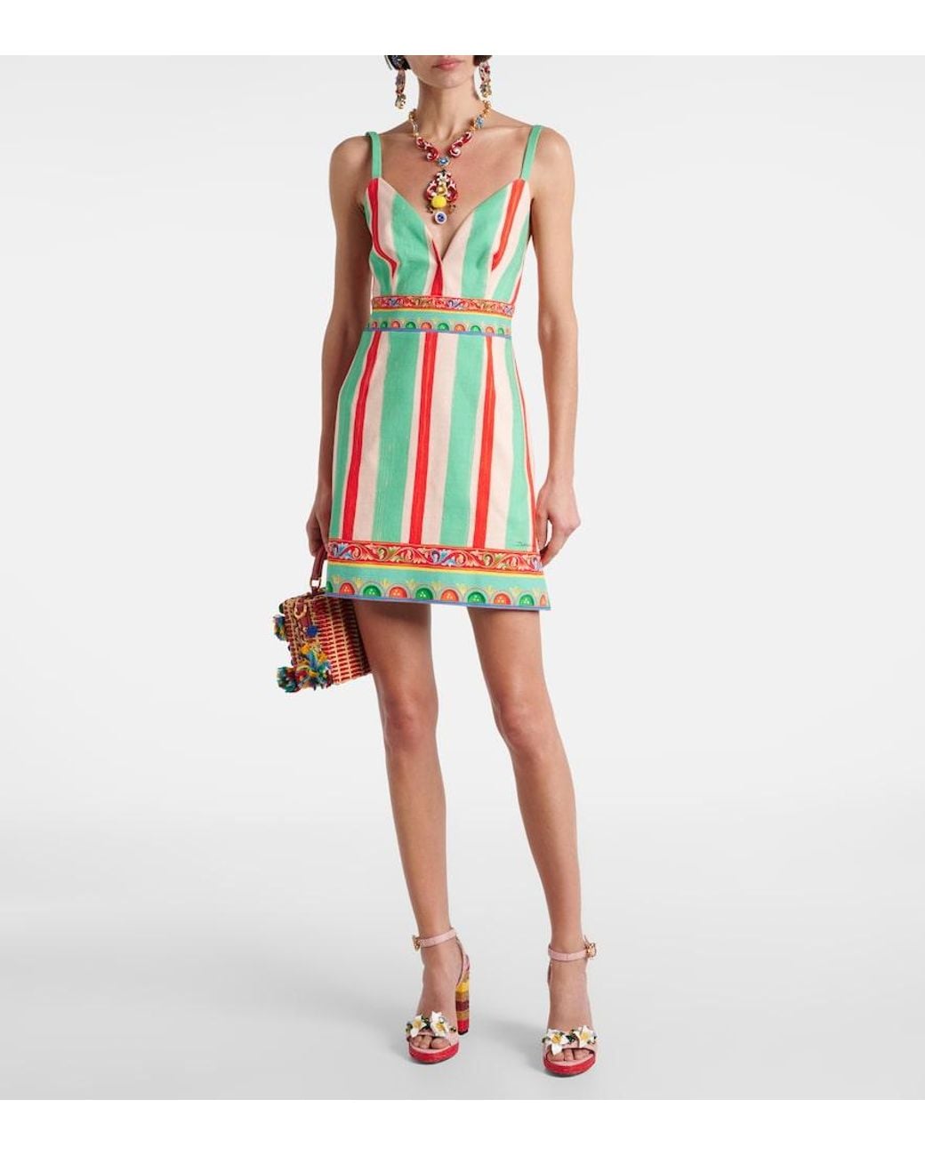 Dolce & Gabbana Red Taormina Striped Cotton-Blend Minidress