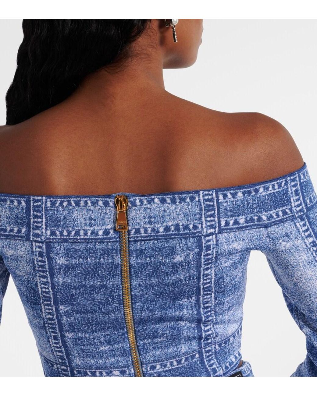 Balmain Blue Trompe 'Oeil Crop Top