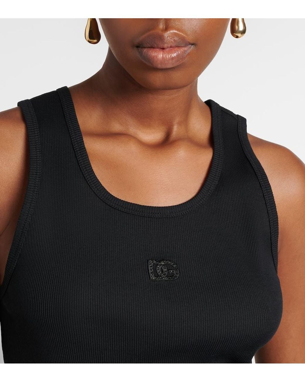 Dolce & Gabbana Black Dg Embellished Ribbed-Knit Cotton Tank Top