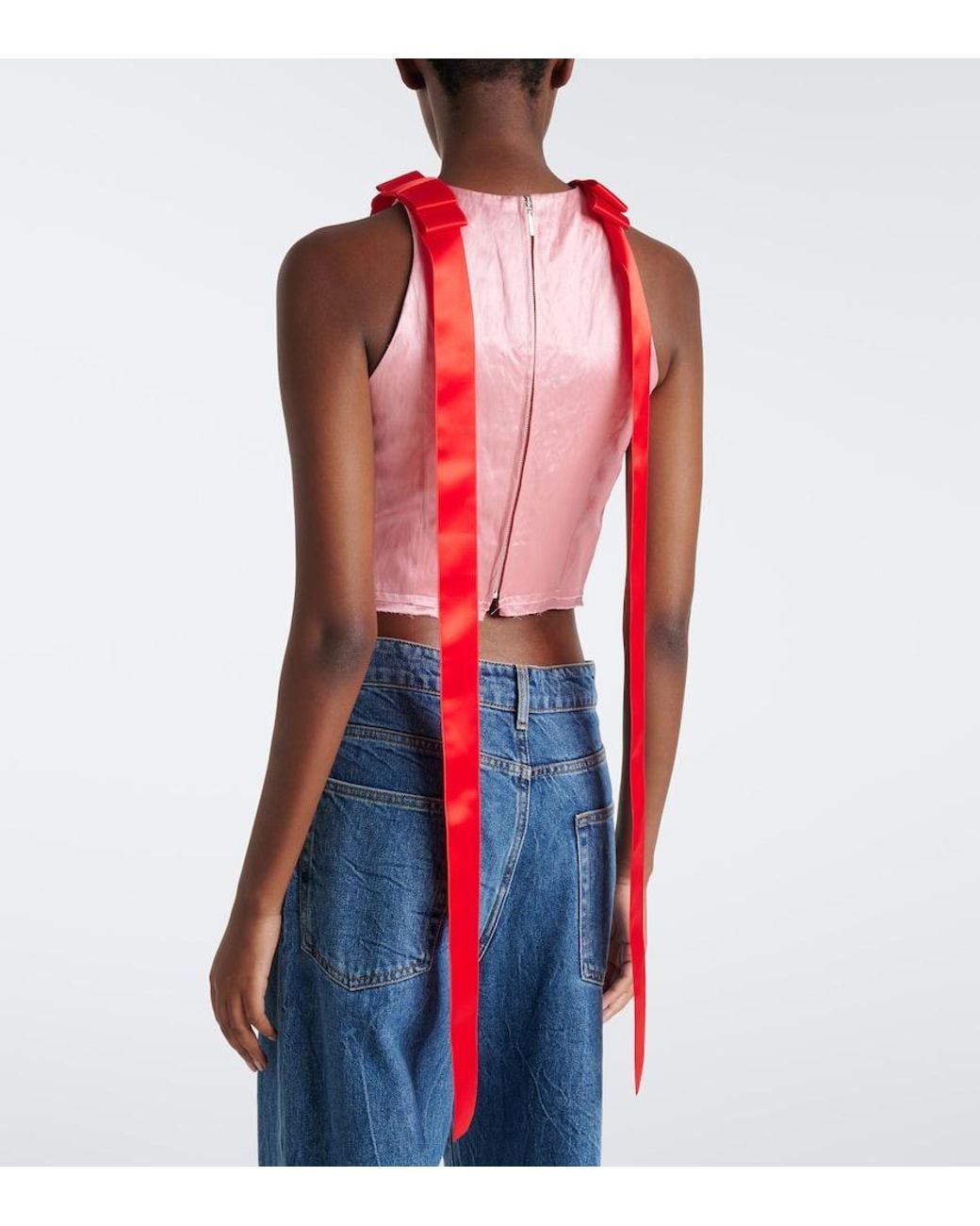 Erdem Red Bow-Detail Embellished Satin Crop Top