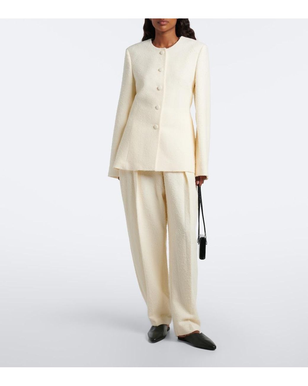 Rohe White Wool-Blend Boucle Barrel-Leg Pants