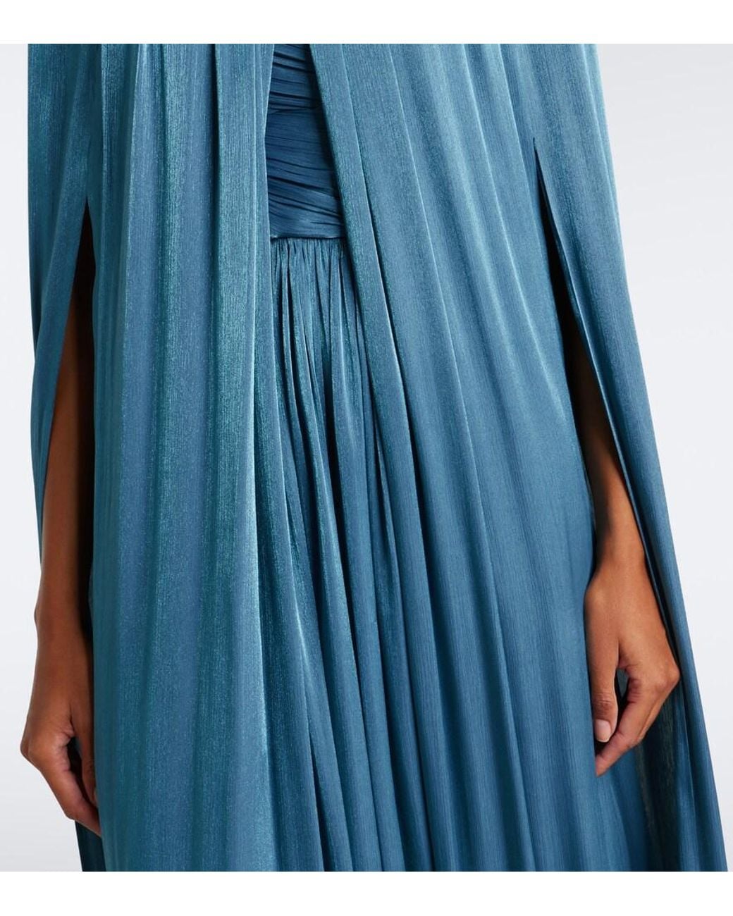 Costarellos Blue Embellished Pleated Caped Bustier Gown