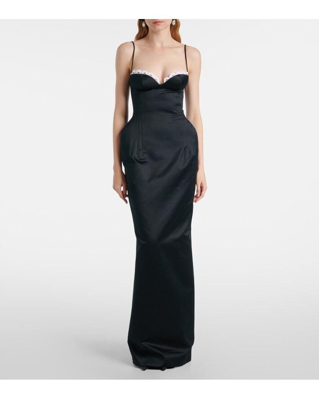 Magda Butrym Black Crochet-Trimmed Satin Bustier Gown