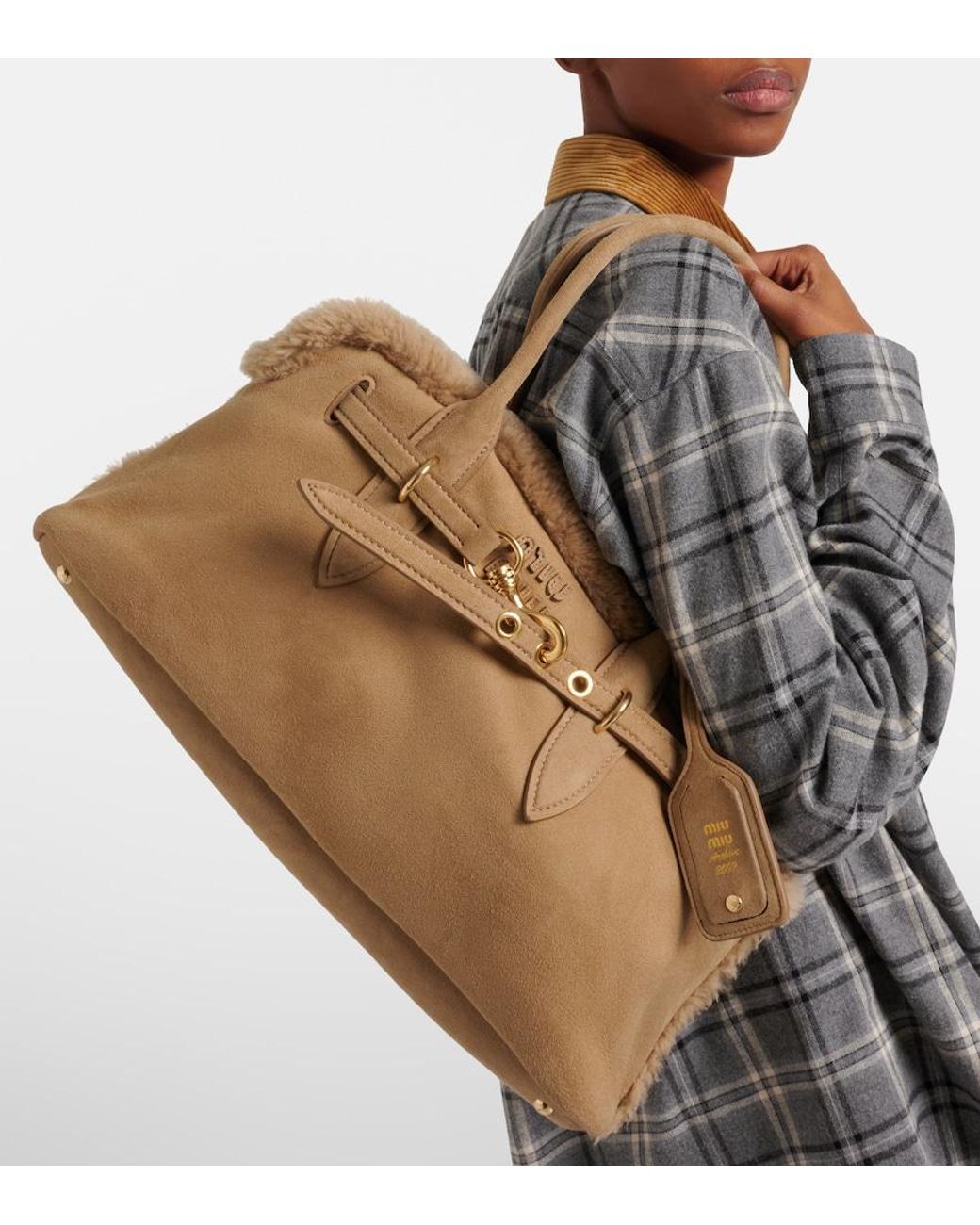 Miu Miu Natural Adventure Shearling-Lined Suede Tote Bag