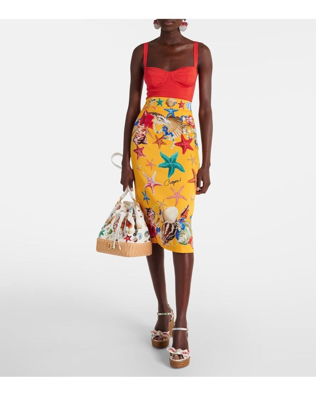 Dolce & Gabbana Orange Capri Printed Silk-Blend Midi Skirt